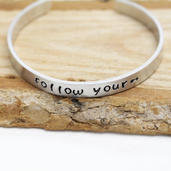 Follow Your (Arrow) ---> - Hand Stamped Anodized Aluminum Bangle - Adjustable - Picture 6 of 11
